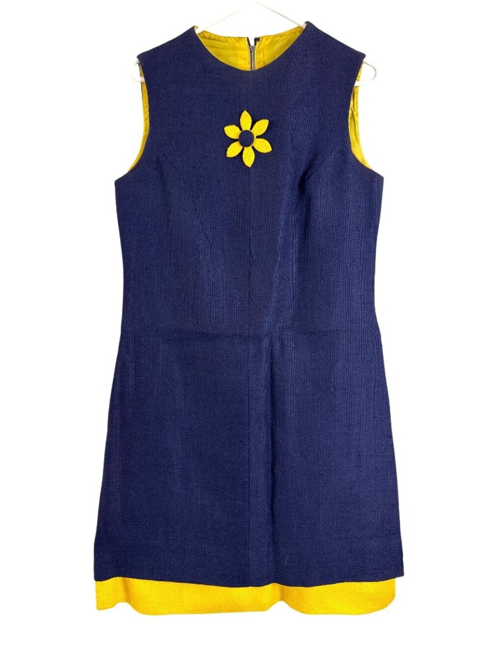 Vintage 1960s Stacy Ames Navy & Yellow Sleeveless Shift Dress Daisy Size Small